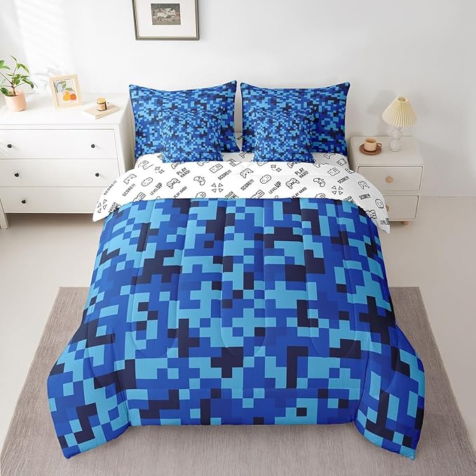 Navy Blue Camouflage 7Pcs Comforter Set Full Size,Geometric Checked Bedding Sets for Kids Boys Teens Men Room Decor,Pixelated Miner Style Fitted Flat Sheet Video Games 2 Throw Pillow,2 Pillowcases