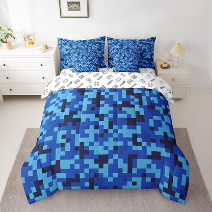 Navy Blue Camouflage 7Pcs Comforter Set Full Size,Geometric Checked Bedding Sets for Kids Boys Teens Men Room Decor,Pixelated Miner Style Fitted Flat Sheet Video Games 2 Throw Pillow,2 Pillowcases