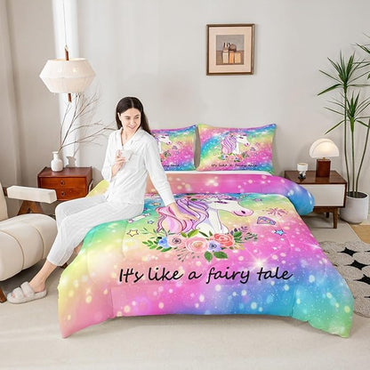 Unicorn Gifts for Girls,Kawaii Comforter Set Glitter Galaxy Bedding Set for Kids Toddler,Cartoon Magical Animal Duvet Insert Cute Horse Quilt Twin,Rainbow Unicorn Room Decor for Girls Bedroom