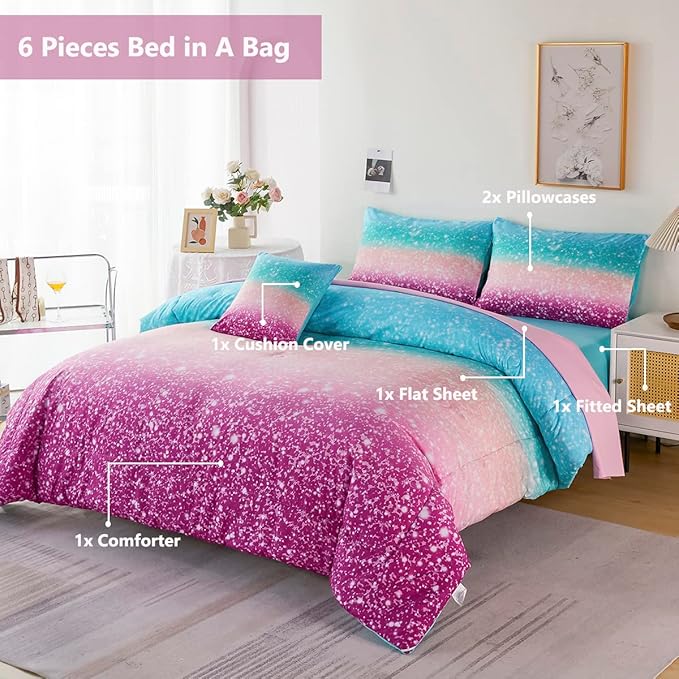 PERFEMET 6Pcs Teal Purple Comforter Set Twin Size, Tie Dye Rainbow Glitter Bed in A Bag, Gradient Pastel Ombre Sparkle Bedding Set for Kids Teens Girls (Blue Teal Purple, Twin)