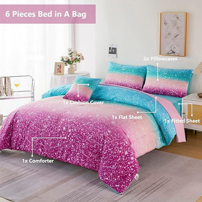 PERFEMET 6 Piece Full Size Comforter Sets for Teens Girls, Tie Dye Rainbow Ombre Bed in A Bag, Gradient Glitter Sparkle Bedroom Decor Bedding Set (Blue Teal Purple, Full)