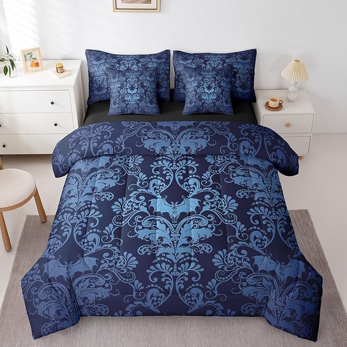Erosebridal Gothic Damask Comforter Set 7 Piece Bed in a Bag Twin,Halloween Bat Bedding Sets Blue Victorian Floral Goth Sheet Set with Comforter