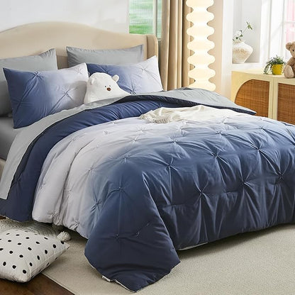 Dinjoy Ombre Comforter Set Full Size, 7-Piece Bed in a Bag for Kid Teen, Pintuck Colorful Rainbow Bedding Sets with Comforter, Flat Sheet, Fitted Sheet and Pillowcases & Shams, Blue