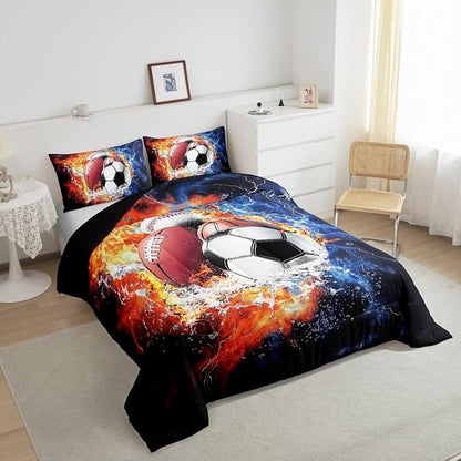 Feelyou Sports Comforter Set for Boys Comforter Set Full Size Football Baseball Bedding Set for Kids Ultra Soft Ball Games Bedroom Decor with 3D Soccer, Basketball Design