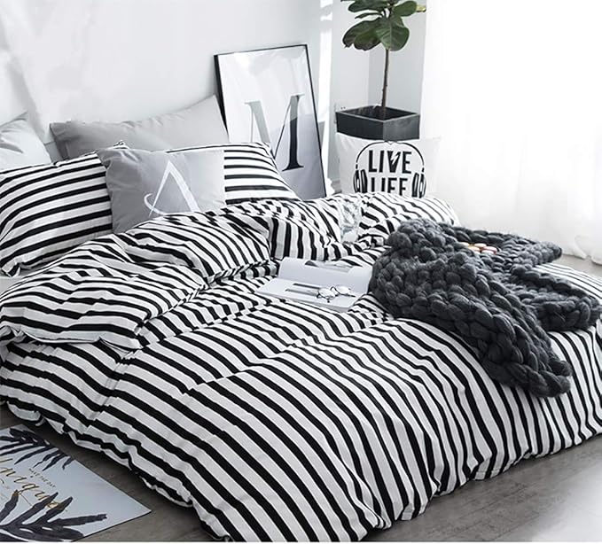 Karever White and Black Striped Comforter Set Full/Queen Soft Durable Striated Bedding Set Ticking Quilts for Girls Boys Hotel Quality