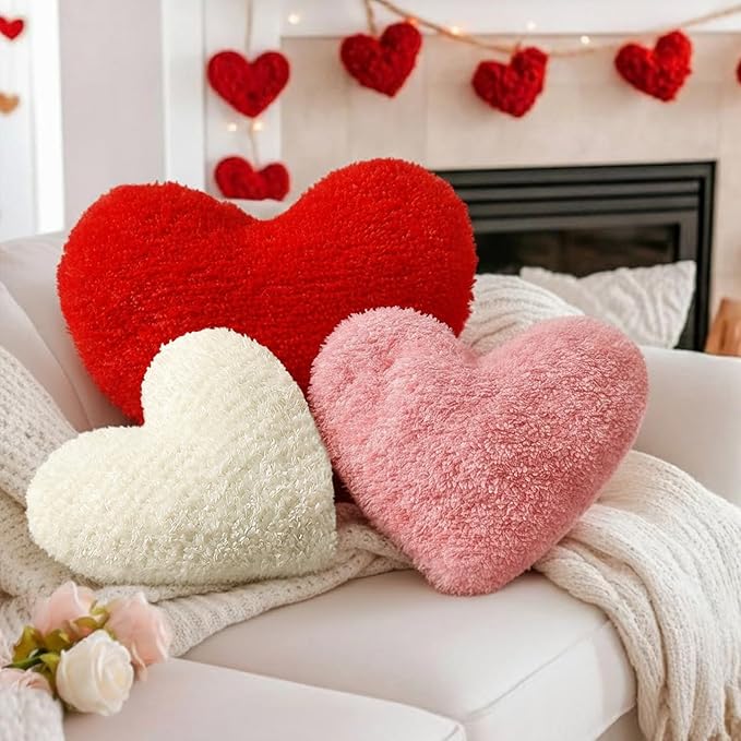 Bucherry 3 Pcs Valentine's Day Heart Throw Pillows, Red White Pink Heart Pillow Soft Decorative Back Cushion for Girls Women Bed Sofa Valentines Wedding Gifts Home Decor(Plush,Without Ruffed)