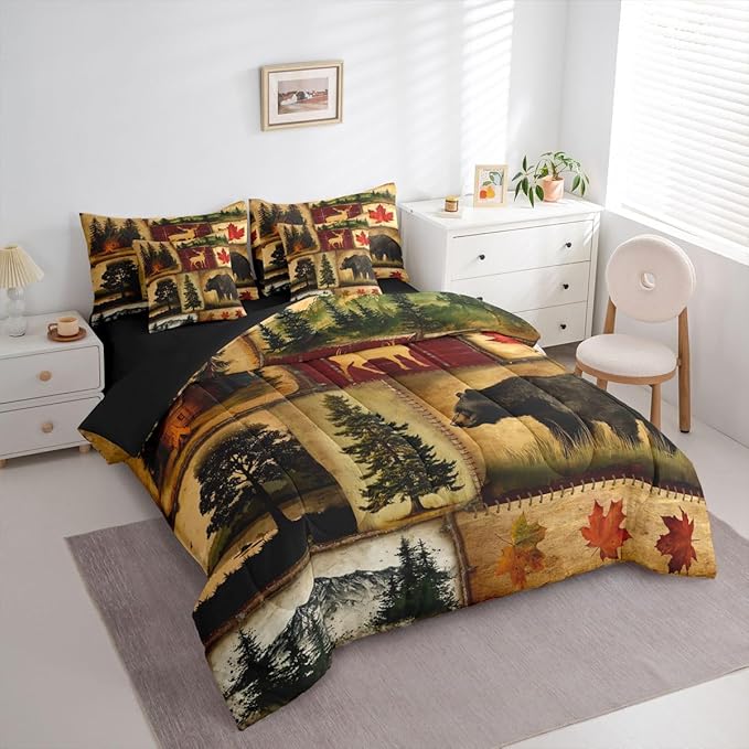 Erosebridal Rustic Farmhouse Comforter Set 7 Pcs King,Retro Cabin Lodge Down Comforter,Hunting Bear Deer Bed in a Bag,Country Maple Leaves Duvet Insert,Rustic Woodland Pine Tree Sheets,Red Brown