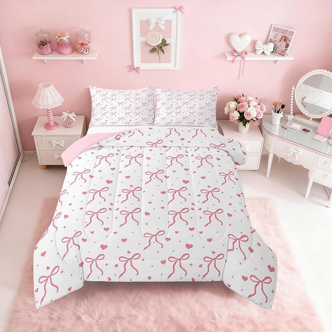 Erosebridal Pink Bowknot Toddler Size Comforter Set, Kawaii Bow Knot Bedding Set for Kids Girls Teens Women Bedroom, Dreamy Princess Bow-Tie Down Comforter, Cute Love Heart Duvet Insert