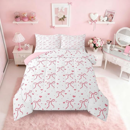 Erosebridal Pink Bowknot Full Size Comforter Set, Kawaii Bow Knot Bedding Set for Kids Girls Teens Women Bedroom, Dreamy Princess Bow-Tie Down Comforter, Cute Love Heart Duvet Insert
