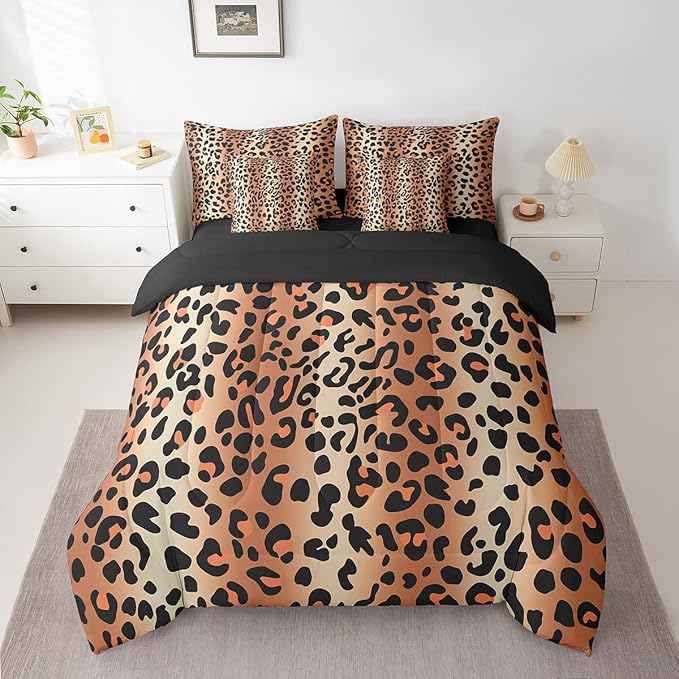 Castle Fairy Leopard Print Comforter Sets Full 7 Pcs,African Wildlife Animal Bedding Set,Wild Animal Skin Duvet Set with Comforter,Flat Sheet,Fitted Sheet,Pillowcases and Pillow Covers,Reversible