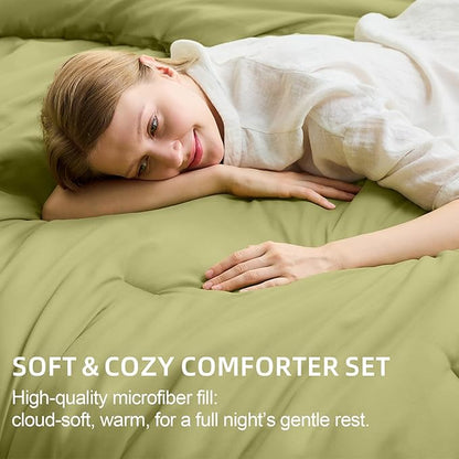 FUANNA Twin XL Comforter Set Olive Green, 5 Pieces Soft Twin XL Size Bedding Sets, All Season Lightweight Bed in a Bag with Comforter, Flat Sheet, Fitted Sheet, Pillowcase & Sham