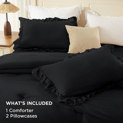 Andency Black King Comforter Set(104x90Inch), 3 Pieces Ruffle Comforter Set with 2 Pillowcases, Farmhouse Shabby Chic Lightweight Fluffy Soft Microfiber All Season Bed Set
