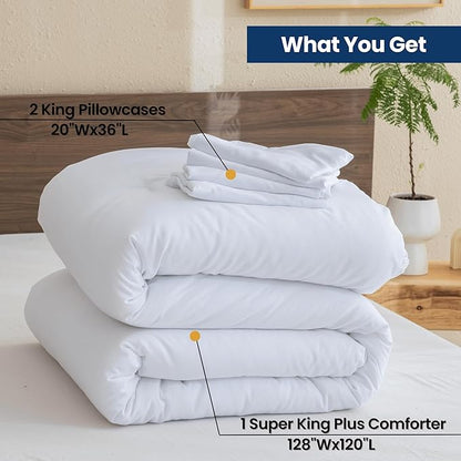 Paxrac White Super King Plus Comforter Set 128x120In, 3 Pieces Oversized King Comforter Set, Lightweight Solid Bedding Set, All Seasons Soft Fluffy Bed Set (1 Comforter & 2 Pillowcases)