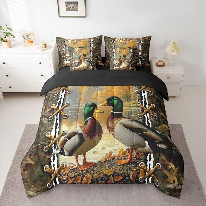 Erosebridal Rustic Bedding Twin Comforter Set with Sheets | Mallard Duck Camo Bedding 7 Piece Bedding Set Mens Hunting Bed in a Bag, Farmhouse Woodland Animals Room Decor,Camo Cabin Country Decor