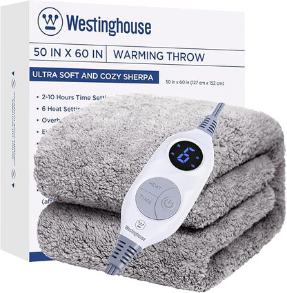 Westinghouse Electric Blanket Throw Size, Soft Plush Sherpa Heated Blanket with 6 Heating Levels & 2-10 Hours Auto-Off, Machine Washable, 50x60 inches, Charcoal