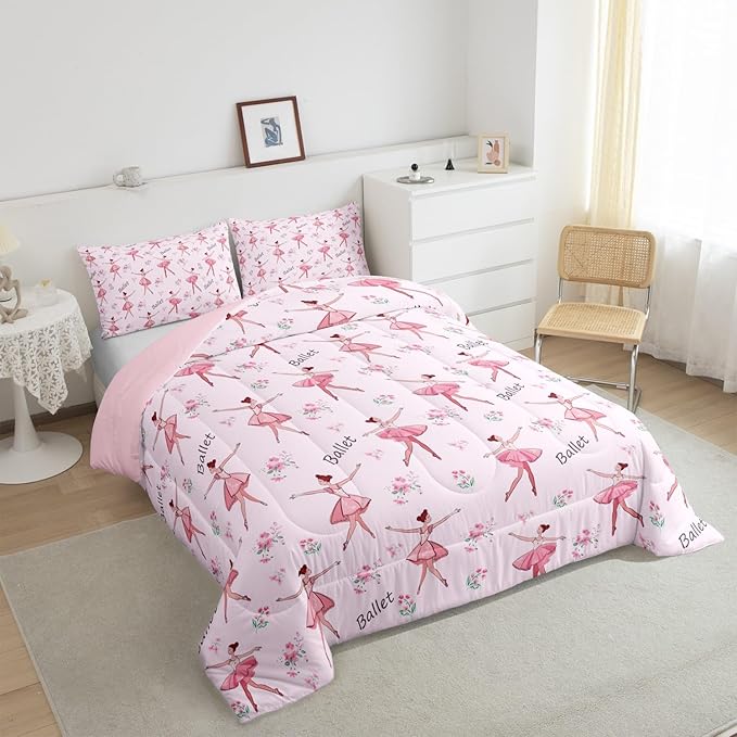 Feelyou Ballet Comforter Set King Size Kids Cute Little Dancers Comforter for Boys Girls Teens Sport Bedding Set Breathable Pink Duvet Set Room Decor Quilt Set Fashion
