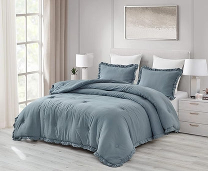 Chezmoi Collection Nora Dusty Blue Comforter Set Twin Size 2-Piece Lightweight Soft Stone-Washed Ruffled Shabby Chic Bedding for All Season
