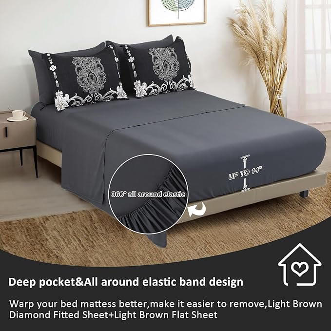 Mybedsoul Queen Comforter Set, 7 Pieces Boho Bed in a Bag for Queen Bed, Black Damask Comforter Set with Sheets, Pillowcases & Shams, Soft Microfiber Lightweight Bedding Sets for All Season(90"x90")