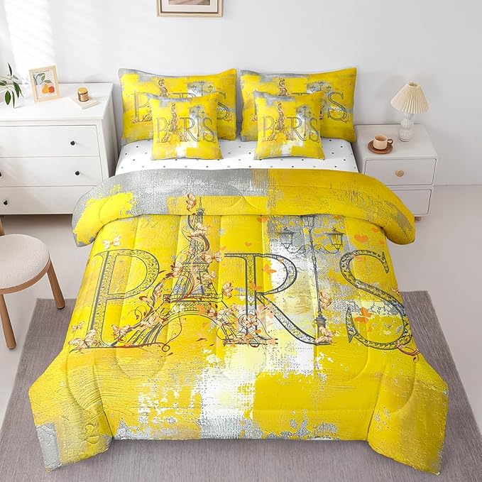 Erosebridal Paris Printed Bedding Queen Size 7pcs Yellow Aesthetic Comforter Set, Oil Painting Bed in a Bag Old Fashion Grunge Bedding Comforter Sets with Flat Sheet Fitted Sheet and Pillowcases