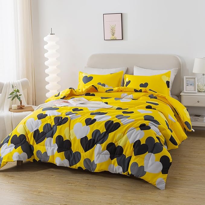 Caressma 3 Pieces Full Size Comforter Set for Boys Farmhouse Yellow Bedding Set with Black Heart All Season Fluffy Soft Lightweight(1 Comforter & 2 Pillowshams)