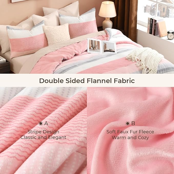 Litanika Fluffy Fleece Queen Comforter Set, Luxury Soft Plush Fuzzy Blush Stripe Bedding Comforter Sets, Warm Shaggy Faux Fur Bed Set All Season (1 Comforter, 2 Pillowcases)
