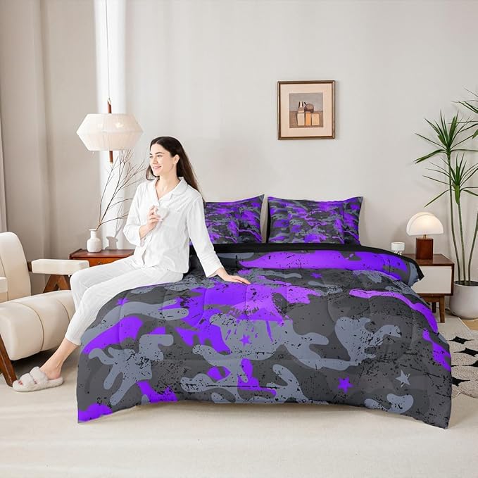 Erosebridal Ombre Camo King Comforter Set Watercolor 7-Piece Bed in A Bag Stars Retro Camouflage Grunge Ink Splash Sheets and Pillowcases Grey Purple Bed Sets