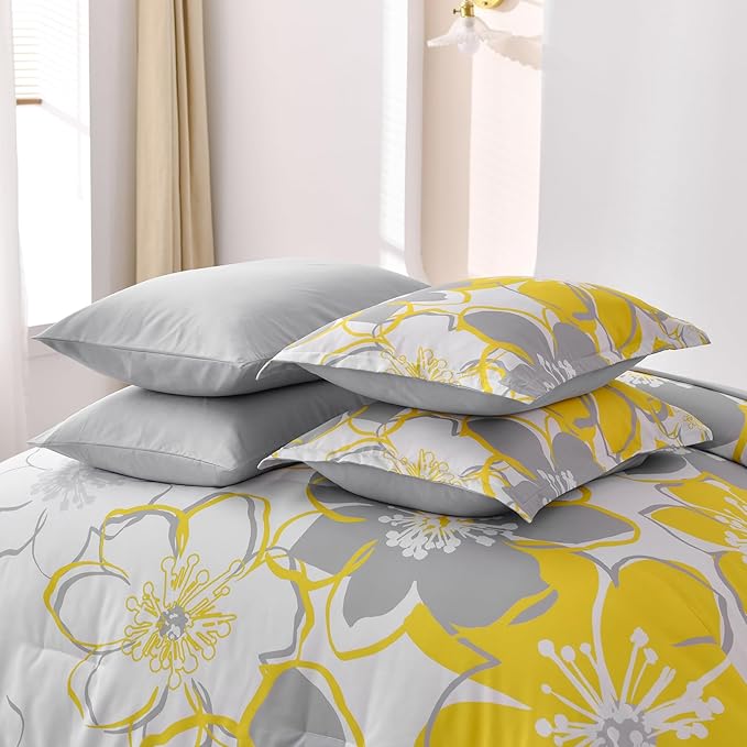 Anibedding 7 Pieces Yellow Floral Comforter Set Queen Size, Reversible Bed in a Bag with Sheets Set All Season, Soft Microfiber Flower Pattern Complete Duvet Bedding Set (Queen, 90"x90")