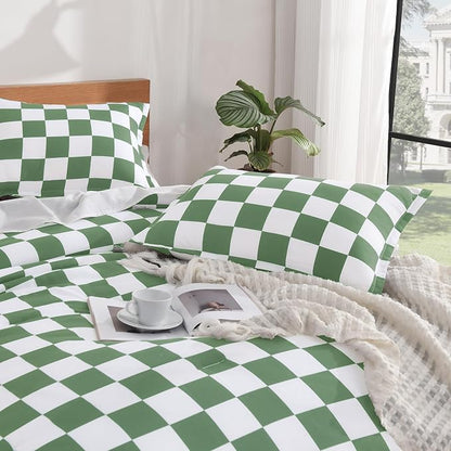 Andency Green Checkered Comforter Full(79x90Inch), Plaid Gingham Buffalo Grid Bedding Comforter Sets for Boys Kids Teens, 3 Pieces Lightweight Microfiber Geometric Preppy Bed Set