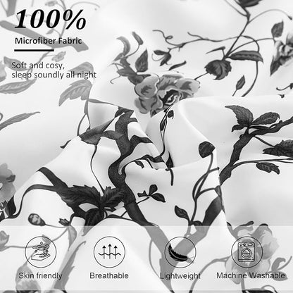 Dobuyly Floral King Size Comforter Set, Grey Flowers on White Botanical Bedding Set 7 Piece Bed in a Bag King, Soft Microfiber Bedding Comforter Sets with Sheets for All Season