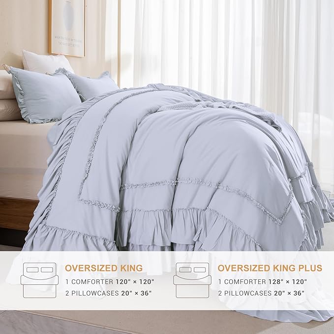CozyTide Cotton Oversized King Comforter 120x120,Farmhouse Bedding Comforter with Ruffles,Light Blue Lightweight Shabby Boho Chic Cal King Ruffled Comforter Oversized 3 Pieces