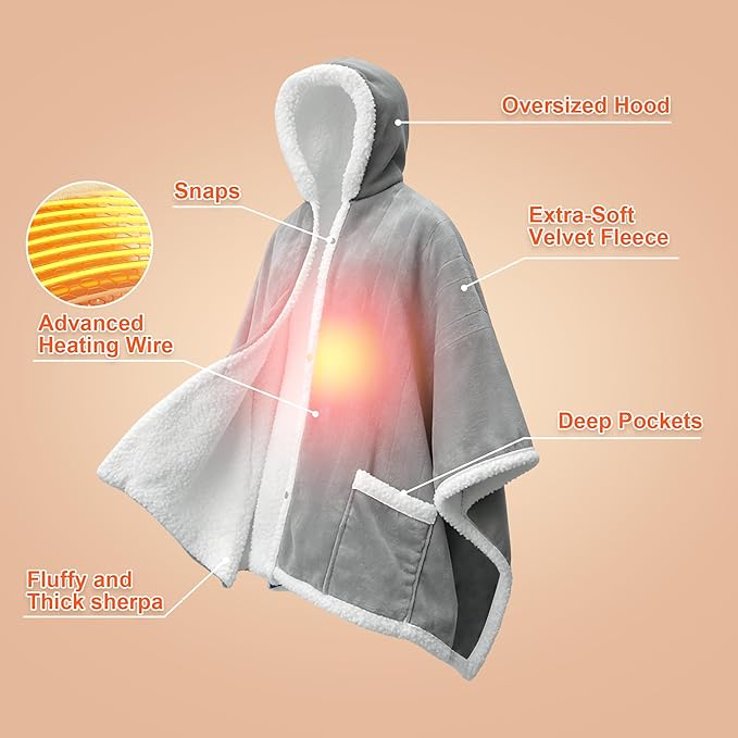 Myiosus Heated Blanket Wearable Shawl, Electric Wrap Poncho Blanket Hoodie with Pockets, Velvet & Sherpa Heating Throw with 6 Heating Levels & 4 Time Settings,Birthday Gifts for Mom, 50 x 64 Inch,Grey