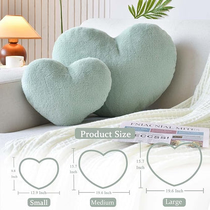 Sage Green Heart Pillows, Cute Heart Decorative Pillow, Heart Shaped Throw Pillows for Bed, Faux Rabbit Fur Plush Hoom Decor Pillow Cushion for Chair Sofa Living Room (Large-19.6"x15.7")