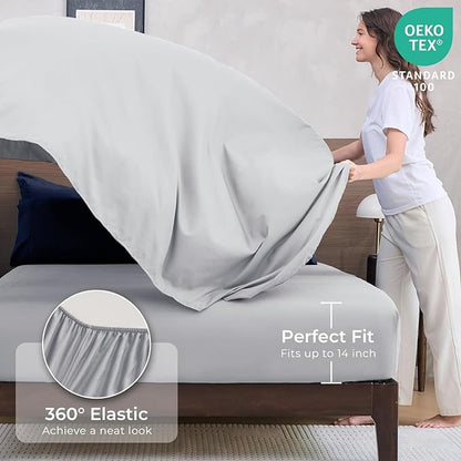 HEVUMYI Twin Comforter Set - 5-Piece All Season Bed in a Bag Twin, Ultra Soft Bedding Set with Comforter, Flat Sheet, Fitted Sheet, Pillowcases, Pillow Shams, Navy Blue & Light Grey