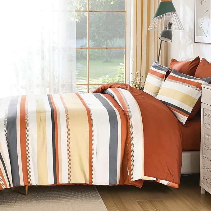 WONGS BEDDING King Size Comforter Set, 7 Pieces Bed in a Bag Orange Bed Set, Soft Boho Striped Bedding Sets with Sheets, Pillowcases & Shams