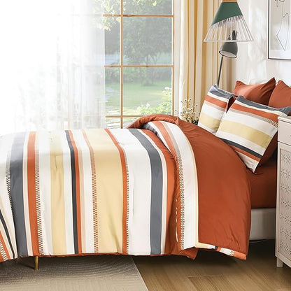 WONGS BEDDING King Size Comforter Set, 7 Pieces Bed in a Bag Orange Bed Set, Soft Boho Striped Bedding Sets with Sheets, Pillowcases & Shams