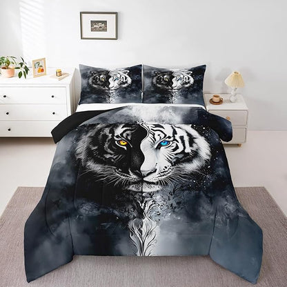 Erosebridal Boys Tiger Bedding Set Queen Size, African Safari Animal Comforter Set Exotic Wildlife Down Comforter Black White Soft Microfiber Quilt for Adult Teens Youth Men Bedroom Decor