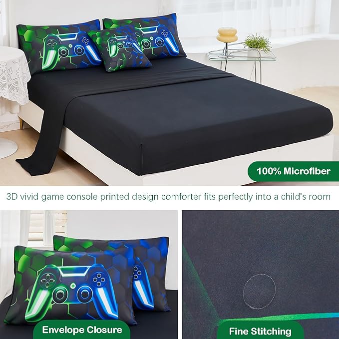URBONUR Gaming Comforter Sets for Boys Queen Size Blue Green 6Pcs Gamer Bedding Set Queen Ultra Soft Fluffy Game Console Printed Kids Bed-in-a-Bag
