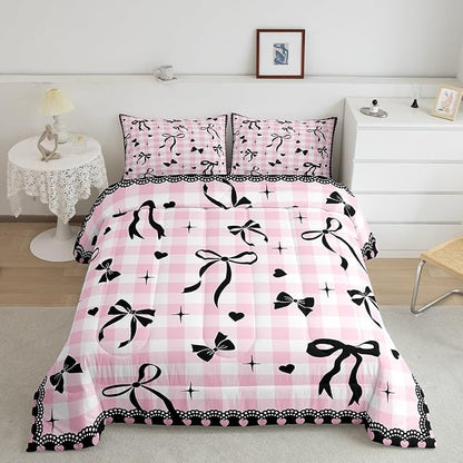 Black Bow Comforter Set King Size,Kids Girls Bowknot Bedding Set 3Pcs,White Pink Plaid Check Quilted Duvet for Teens Young Woman Room Decor,Sweet Love Lace Stripes Down Comforter,2 Pillowcases