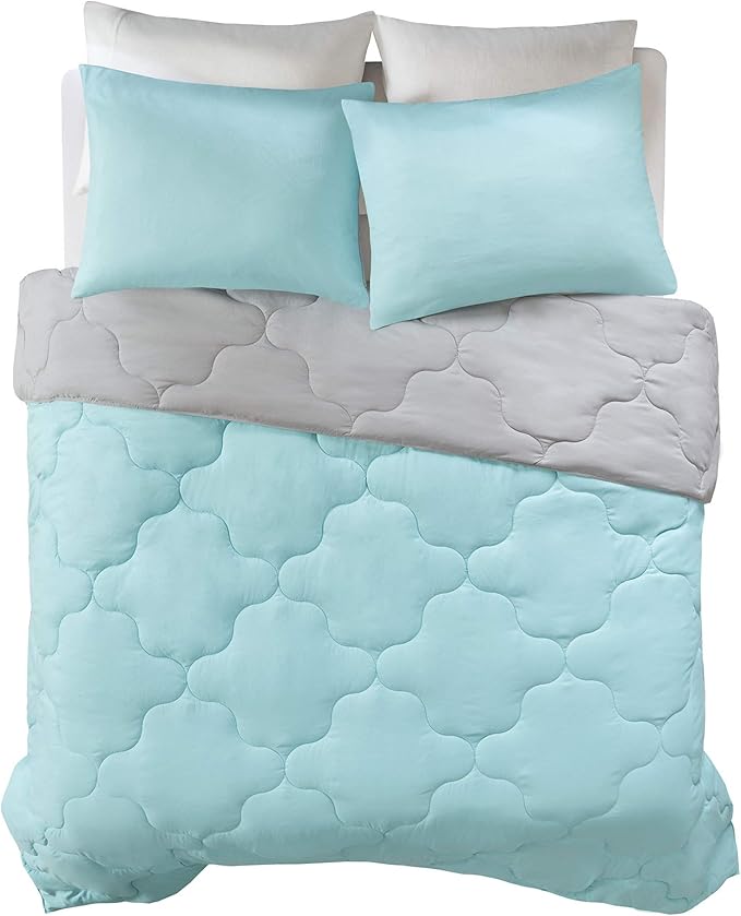 Comfort Spaces Vixie Reversible Comforter Set - Trendy Casual Geometric Quilted Cover, All Season Down Alternative Cozy Bedding, Matching Sham, Aqua/Gray, Twin/Twin XL 2 piece