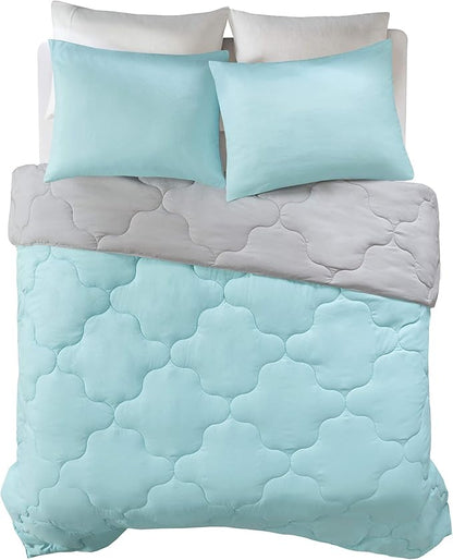 Comfort Spaces Vixie Reversible Comforter Set - Trendy Casual Geometric Quilted Cover, All Season Down Alternative Cozy Bedding, Matching Sham, Aqua/Gray, Twin/Twin XL 2 piece