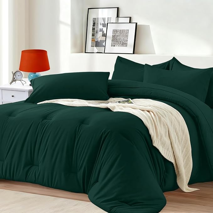 King Size Comforter Set 7 Pieces - Soft Bed in a Bag King Bed Set, Cozy Luxury Bedding Sets with All Season Comforter, Flat Sheet, Fitted Sheet, 2 Pillowcases & 2 Shams, Dark Green