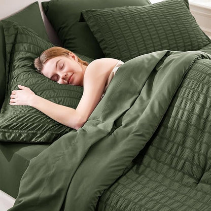 CozyLux Queen Comforter Set Olive Green Seersucker 7 Pieces Bed in a Bag Queen Comforter Set with Sheets Luxury Soft Bedding Set with Down Alternative Comforter, Sheets, Pillowcases & Shams All Season
