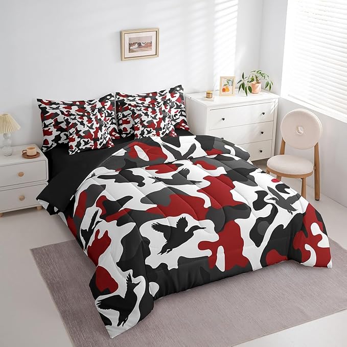 Erosebridal Camo 7 Pcs Comforter Set Queen Size Duck Hunter Bedding for Kids Boys Army Camouflage Hunting Bed in A Bag Sheet Set Vintage Red Black Bedroom Decor Wild Animal Duck Rustic Bed Set