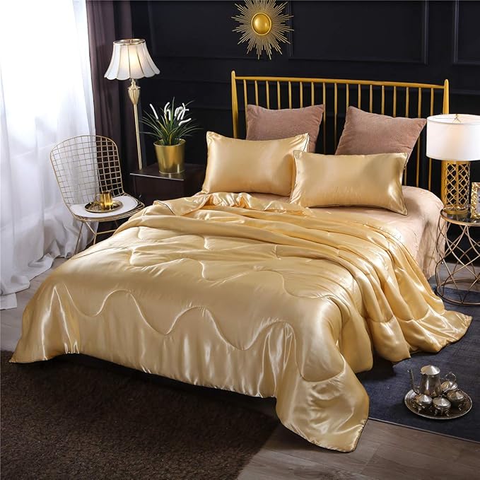 NTBED Sexy Silky Satin Comforter Sets Queen Golden Lightweight Soft Luxury Quilt 3-Pieces Microfiber Bedding Set Yellow (Gold, Queen)
