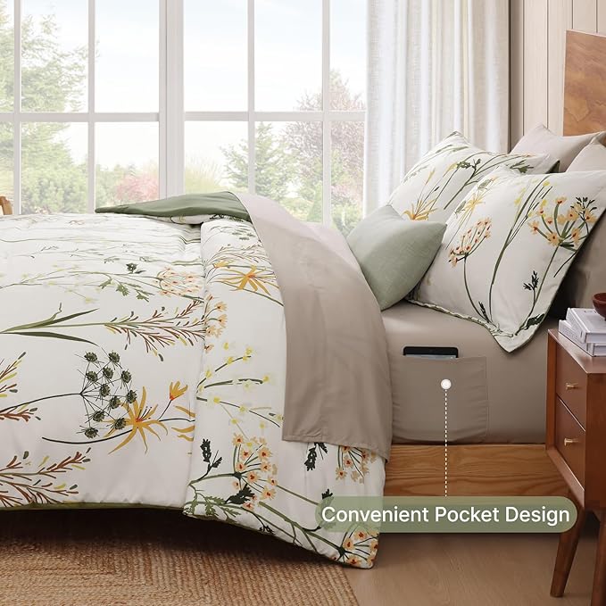 WRENSONGE Botanical Comforter Set Queen Size-7 Pieces Dandelion Bed in a Bag with Flowers Pattern, Soft Floral Complete Bedding Set with Sheets for All Season