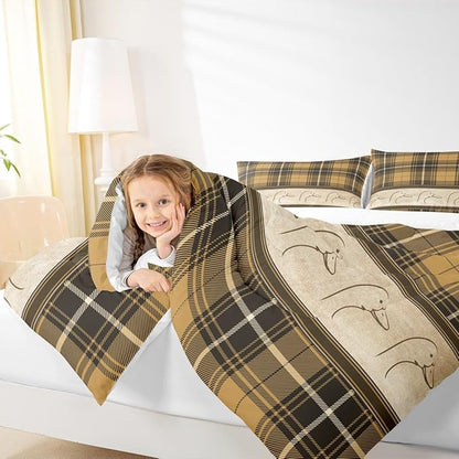 Manfei Ducks Silhouettes Kids Comforter Set Full Size,Cartoon Animals Cute Bedding Set,Girls Boys Adults Bedroom Decor,Geometric Plaids Splicing Down Comforter,Brown Rustic Duvet Insert,2 Pillowcases