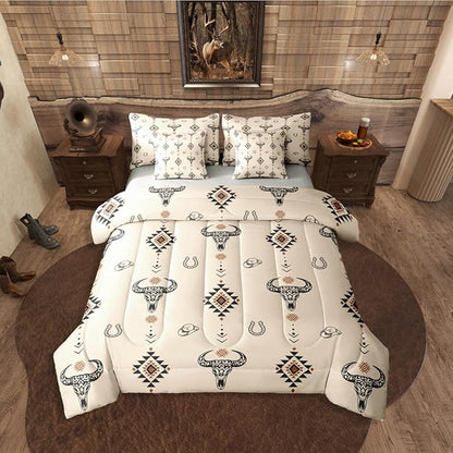Erosebridal Bull Skull 7 Piece Bedding Set Queen Aztec Comforter Set with Sheets Southwest Horseshoe Cowboy Hat Dot Bed in a Bag Western Arrow Geometric Brown for Teens Men Women