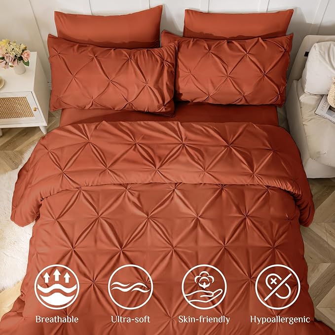 JOLLYVOGUE King Size Comforter Set 7 Pieces - Bed in a Bag King for All Season, Pintuck Bedding Comforter Sets with Comforter, Flat Sheet, Fitted Sheet and Pillowcases & Shams, Burnt Orange