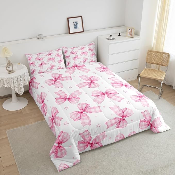 Feelyou Cute Bowknot Comforter Set Toddler Size Plaid Bow Bedding Set Pink Girls Bow Comforter Kawaii Duvet Set Lovely Quilt Set 2Pcs