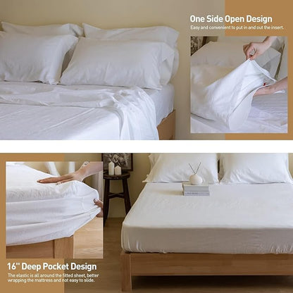 Simple&Opulence Belgian Linen Sheet Set Solid Color - 6 Pieces (1 Flat Sheet & 1 Fitted Sheet & 4 Pillowcases) 16" Deep Pocket Natural Flax Cotton Blended Soft Bedding - White, California King